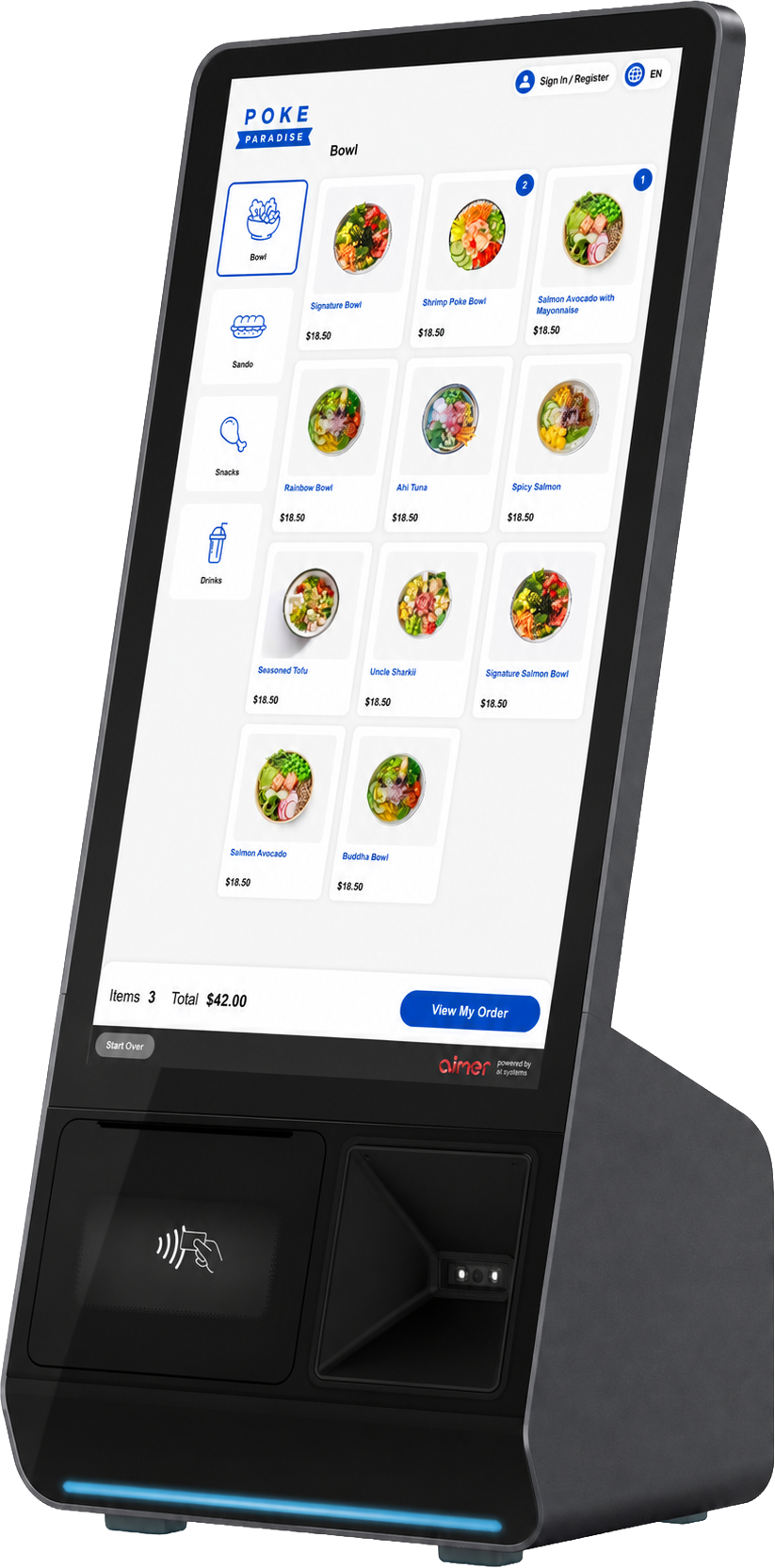 Aimer PK156 self-ordering kiosk with integrated contactless payment area